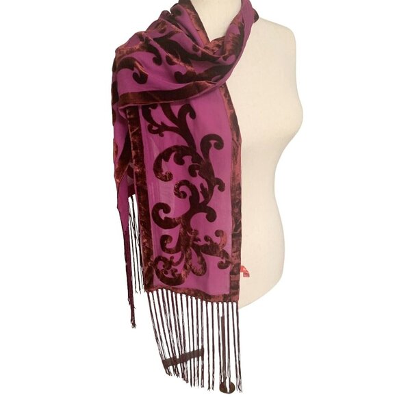 Vtg Anne Klein Sheer Nylon Velvet Plum Wine Scroll w Fringe Neck Scarf 7" x 64" - Picture 1 of 11
